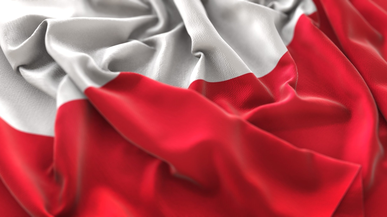 Poland Flag Ruffled Beautifully Waving Macro Close-Up Shot