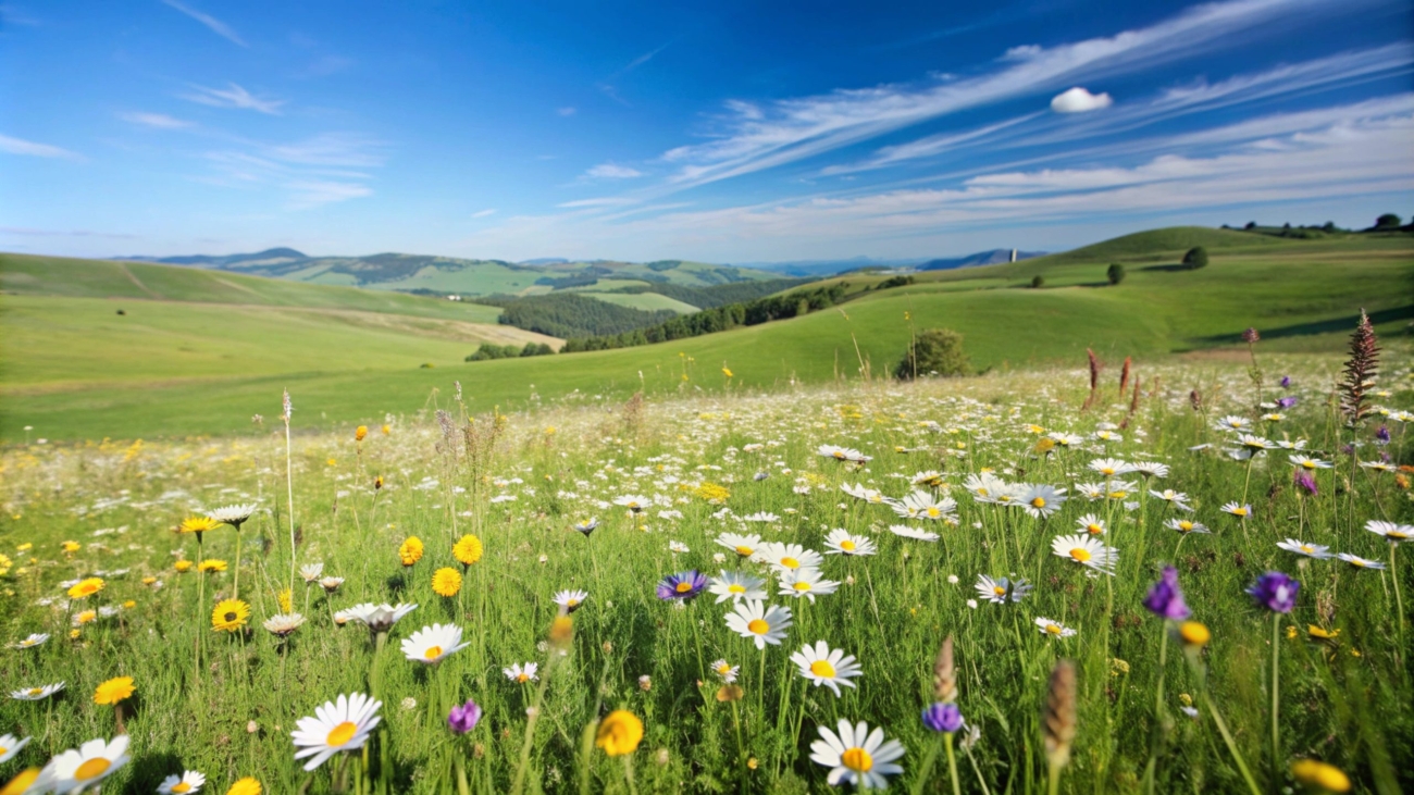 A field of wildflowers in bloom, with rolling hills and a blue sky in the background.