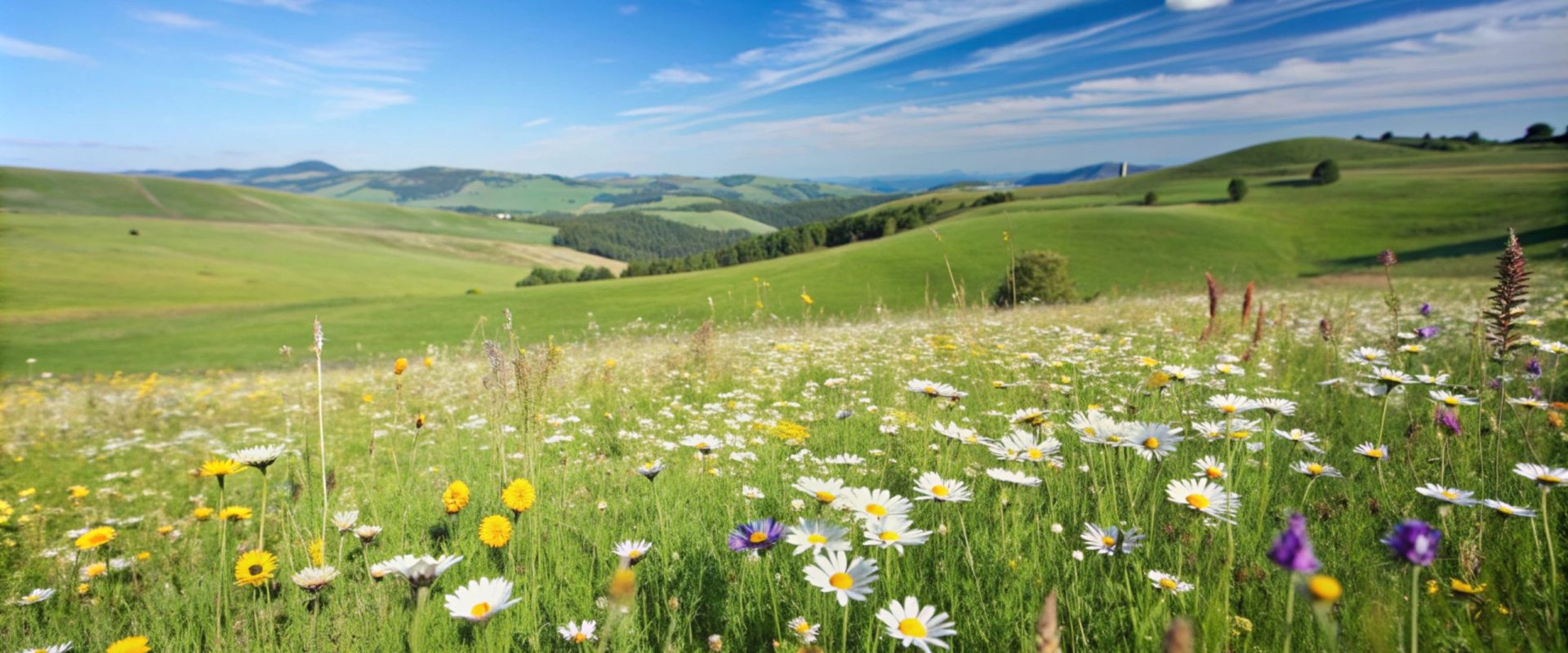 A field of wildflowers in bloom, with rolling hills and a blue sky in the background.