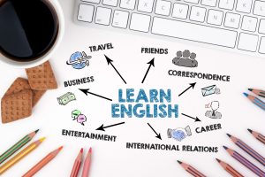 Learn English Concept. Chart with keywords and icons. White office desk.